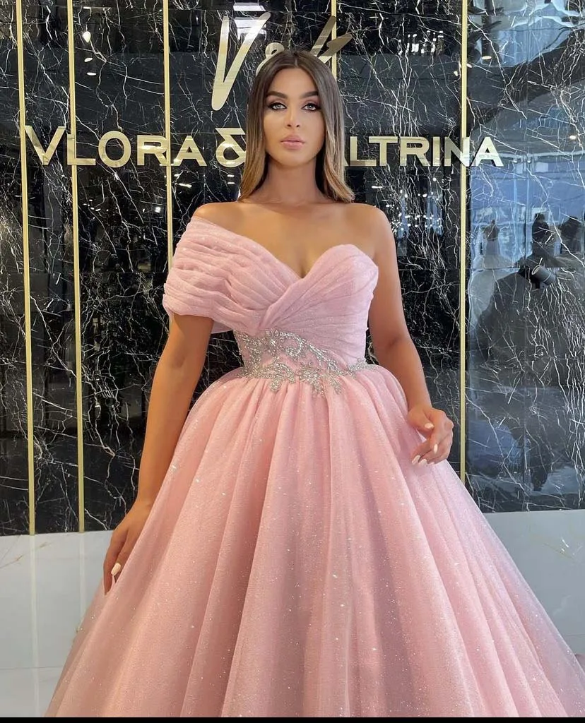 

2022 Pink Vestidos De Formature Sweetheart Pleated Beaded Short Sleeve Bling Bling Princess Prom Dresses