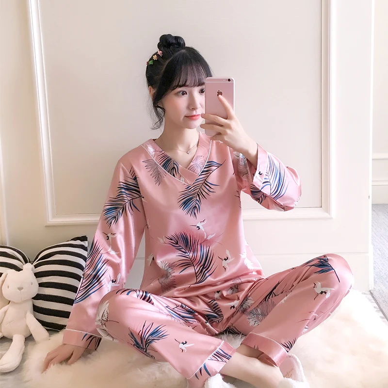 Осенняя Шелковая пижама с длинным рукавом для женщин pijama mujer, милый пижамный комплект с мультяшным принтом, домашняя одежда, длинные штаны, сексуальные пижамы