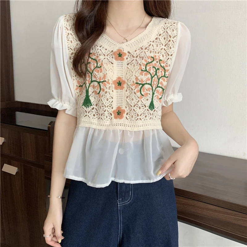 

Женская ажурная блузка HziriP, летняя офисная рубашка с расклешенными рукавами, с цветочным принтом, с квадратным воротником, 2021