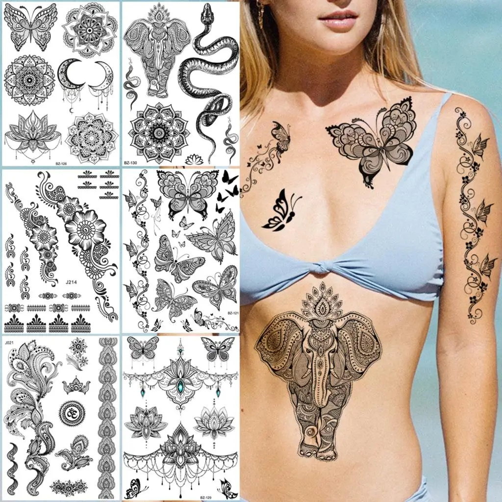 

Butterfly Totem Temporary Tattoos For Women Girls Realistic Snake Elephant Lotus Henna Fake Tattoo Sticker Chest Arm Tatoos 3D