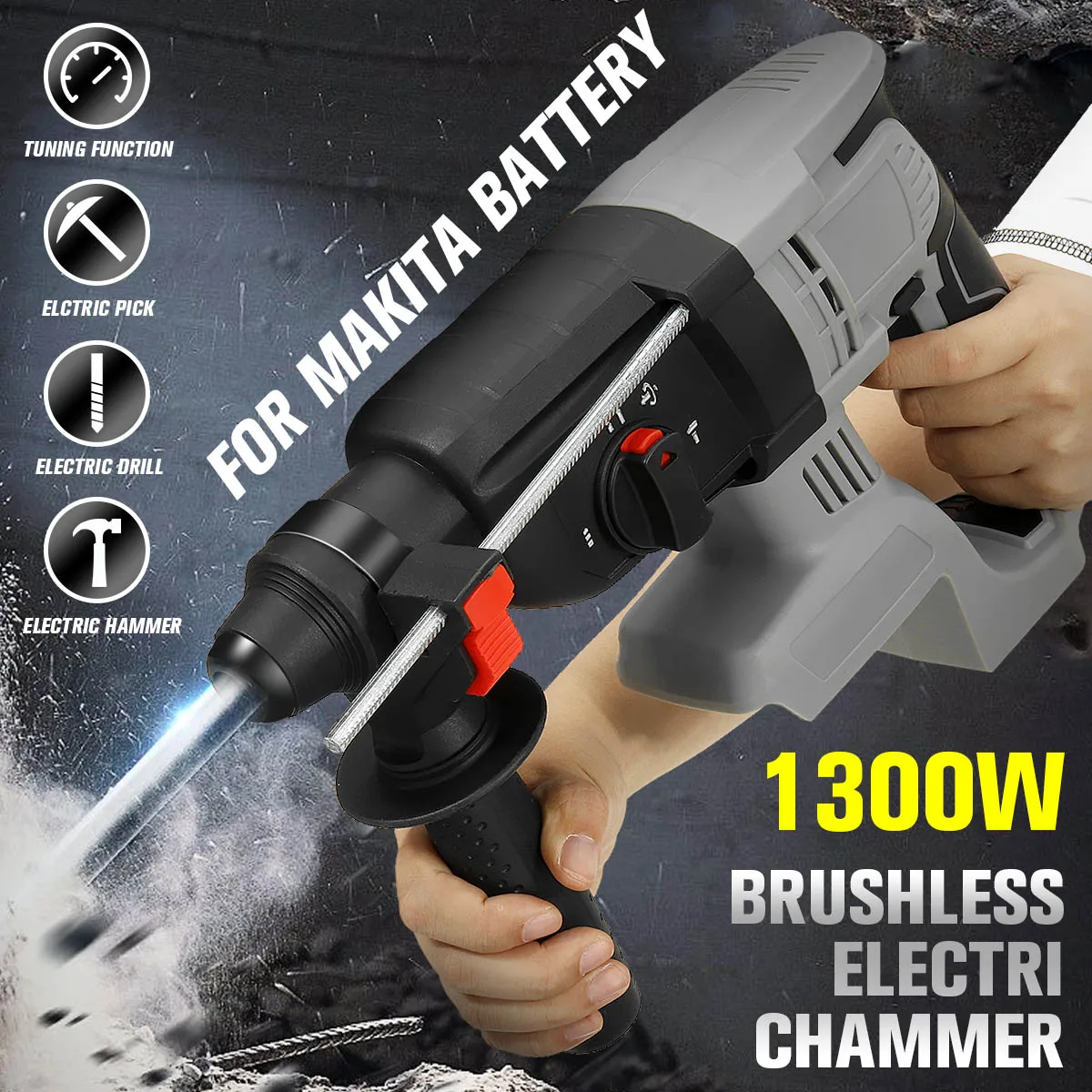 

1300W 21V Rechargeable Brushless Cordless Rotary Hammer Drill Impact Function Electric Hammer Impact Drill For Makita Battery