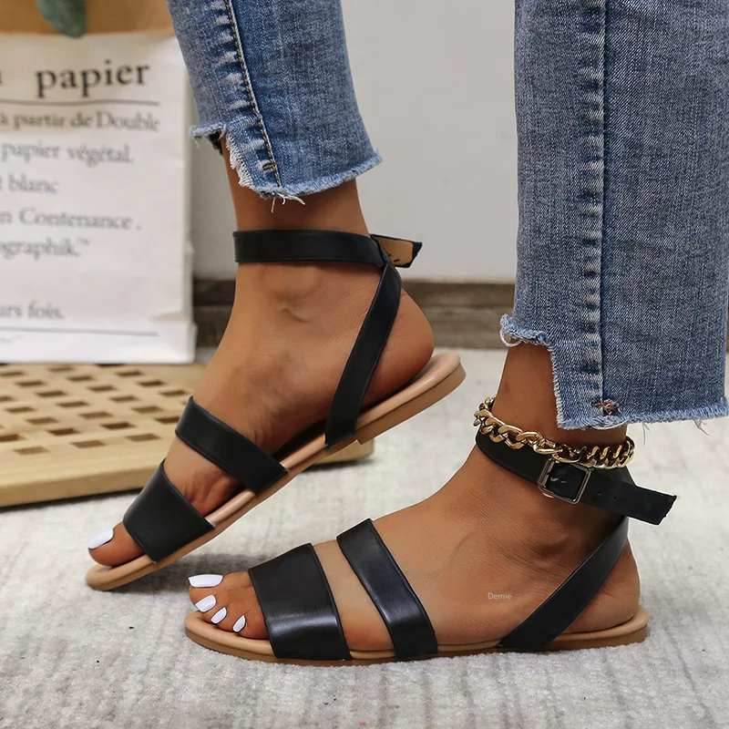 

Women's Sandals Summer New Solid Color Buckle Flat Open Toe Casual Shoes Outdoor Comfortable Lightweight Women's Shoes 2021