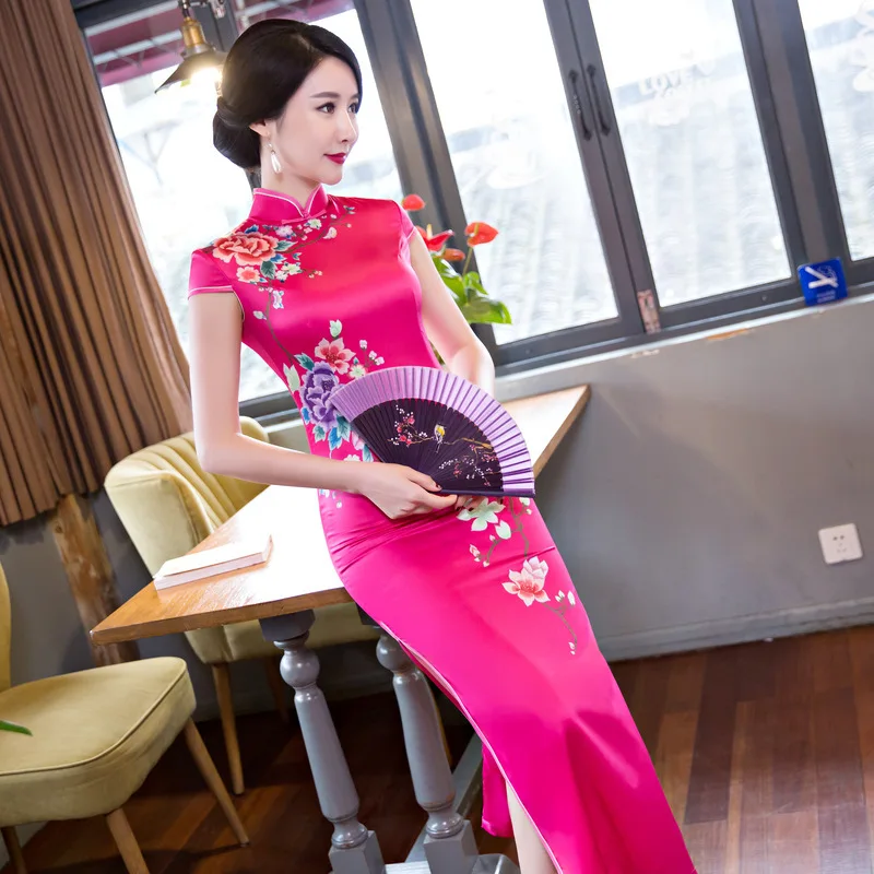 

Slim Satin Classic Mandarin Collar Qipao Summer Print Chinese Dress Short Sleeve Side Split Cheongsams Vintage New Banquet Gown