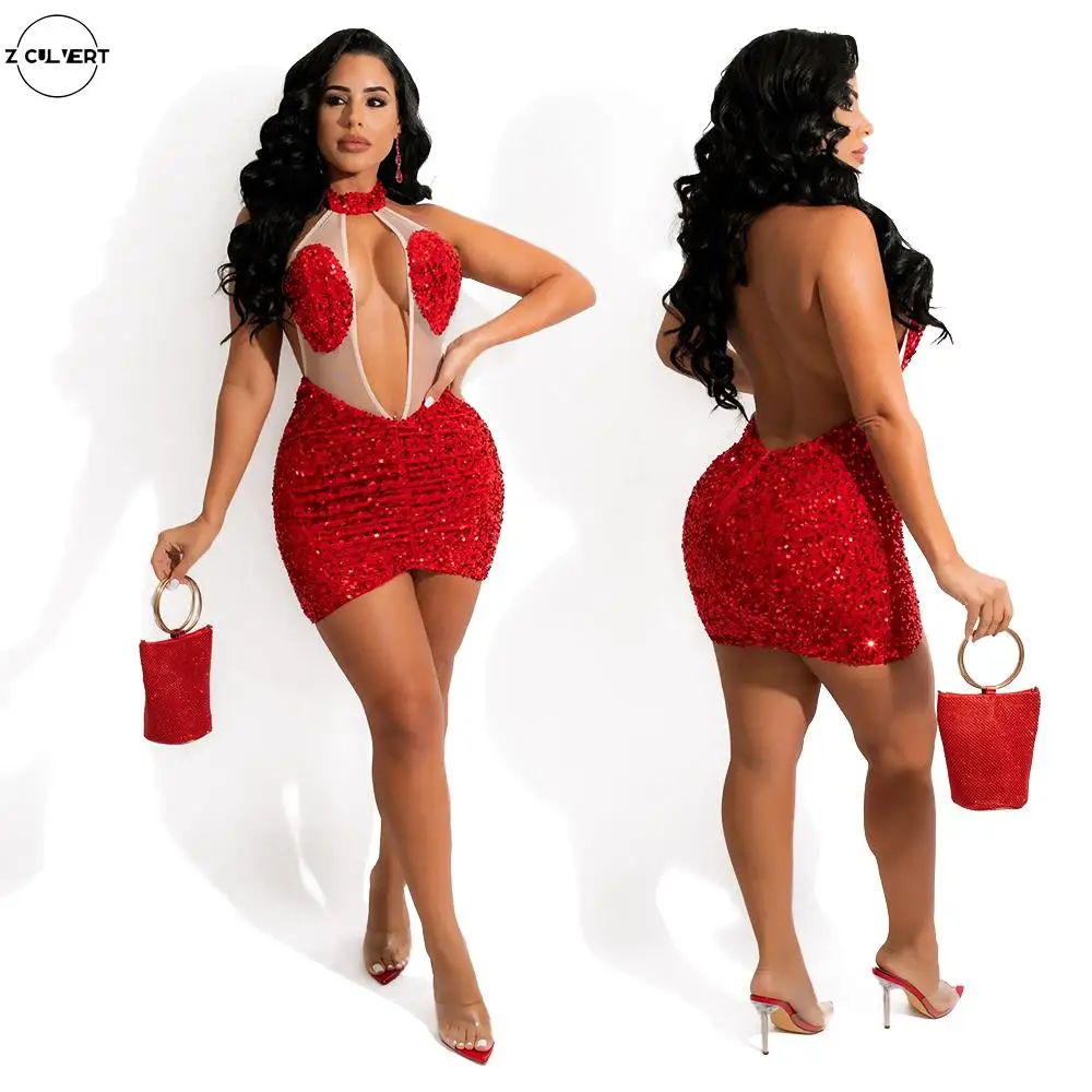 

Z Culvert2021Summer Fall winter Fashion Red Sexy Women O Neck Sleeveless Halter Patchwork pack hip Backless Net yarn Mini dress