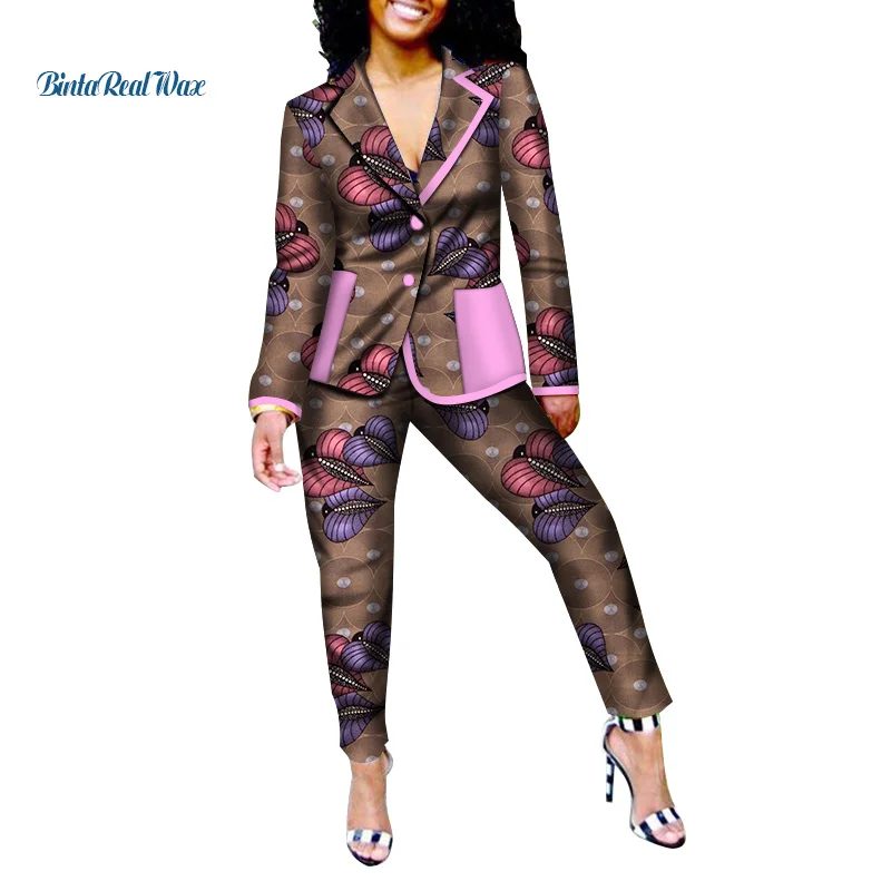 

New Office Women Clothes African Print Patchwork Turn-down Collar Suit and Pants for Women Bazin Riche 2 Pieces Pants Sets WY009
