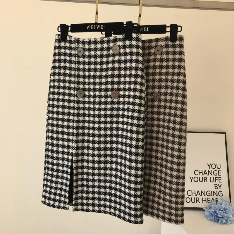 

Осень-зима 2021, женские вязаные юбки, Корейская юбка средней длины с высокой талией, женская элегантная юбка с разрезом