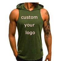 men custom logo fashion summer sleeveless hoodie t shirts muscle sweatshirt cool hoody tops gym sport slim fitness hooded sports
