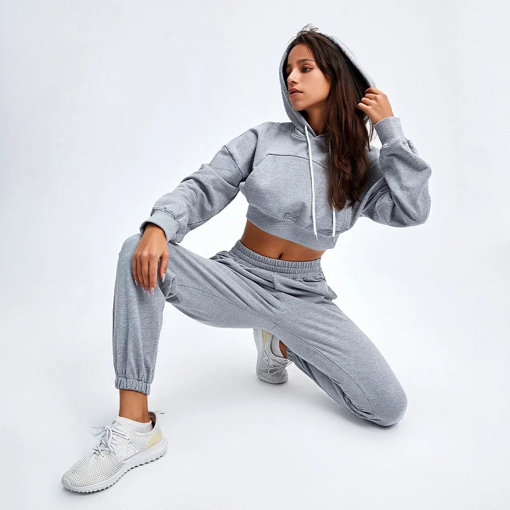 

Sports Fitness Sweater Suit Low-waist Hooded Long Sleeve Sweater Women Casual Loose Two-piece Suit Women's Sports Suit