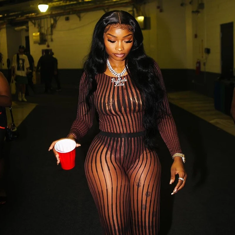 

Комплект из двух предметов, Женский сетчатый сексуальный прозрачный полосатый облегающий боди + леггинсы для ног, наряд для горячей девушки, полуночная Клубная одежда