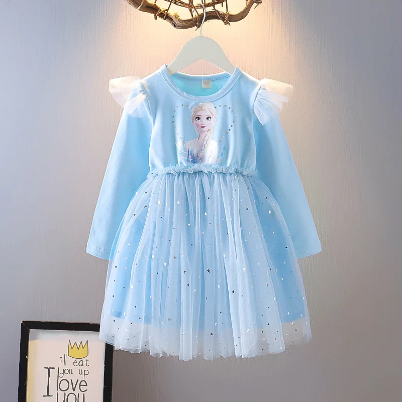 Autumn Winter Spring Season Plush Forzen Child Girl Elsa Princess Cotton Dress Long Sleeve Casual Lovely Blue Pink Dress
