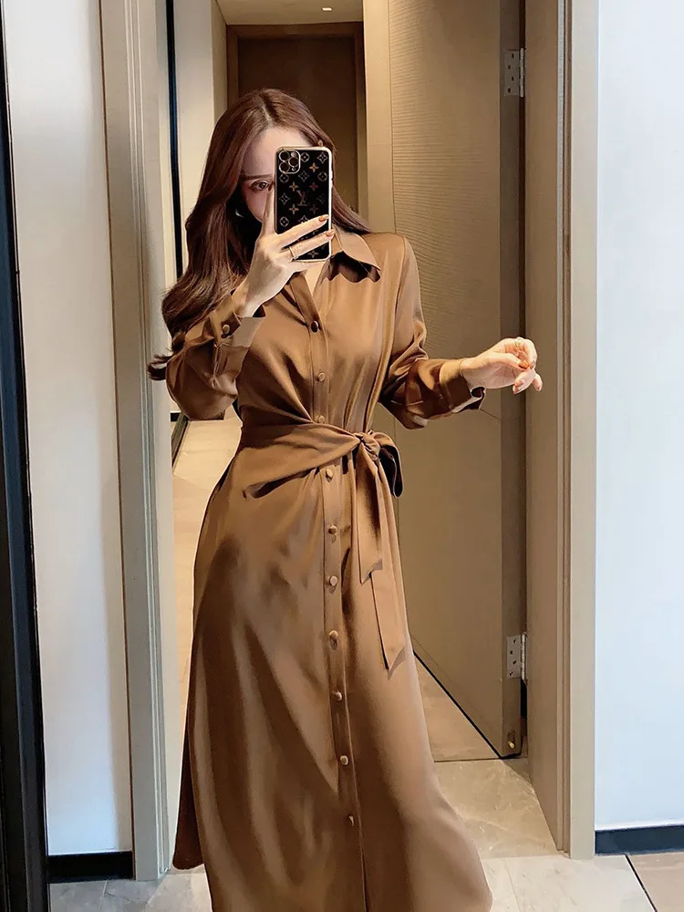 

Korean Style Dress Women Long Sleeved Casual Lapel Collar Solid Color High Waist Knee-Length Dress Single Breasted Lacing Dress