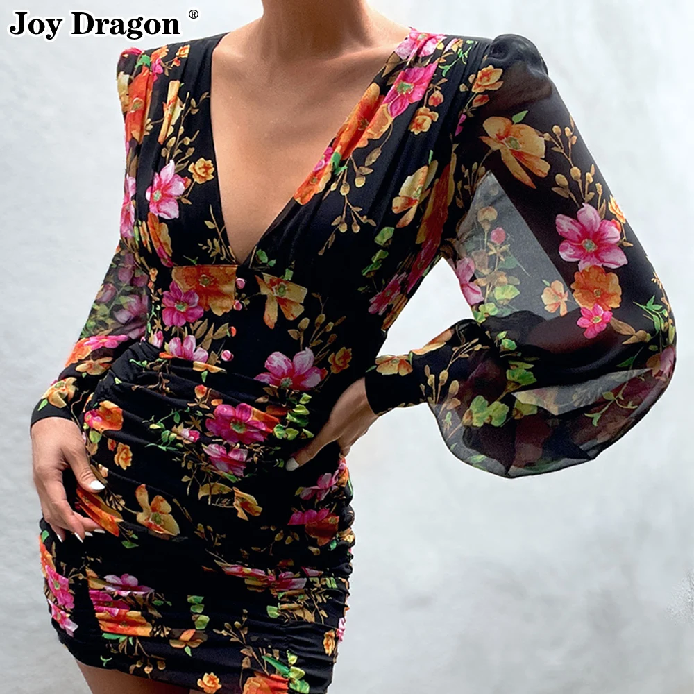 

Casual Bodycon Party Floral Female Tunics Sexy Urban Basic Elegant Mini Ladies Corset Simplee Long Sleeve Tight Dress Chiffon