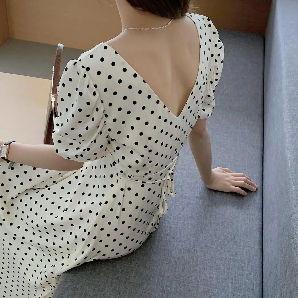 

Polka Dot Women Summer Elegant Midi Dress Short Sleeve A-Line Korean Casual Vintage Beach Daily Office Lady Vestido