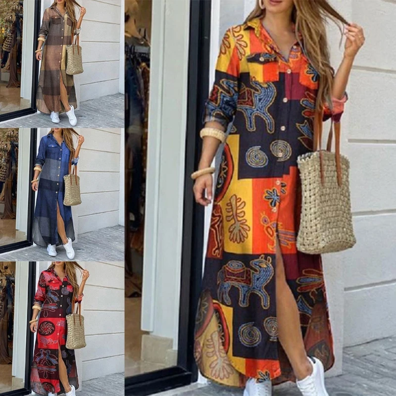 

Women Long Sleeve Lapel Button Up Maxi Long Shirt Dress Bohemian Contrast Color Plaid Printed Casual Loose Beach Sundress Pocket