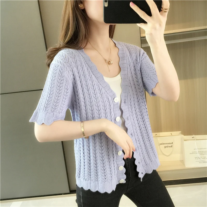 

Трикотажный кардиган 39 с короткими рукавами, однотонный кардиган с кружевным воротником и пуговицами, 3 комнаты в 6 рядов, 4 шт., 20092