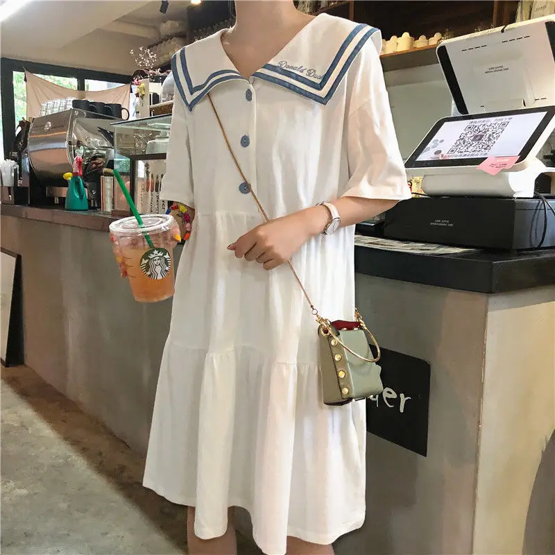 Платье с короткими рукавами в стиле пэчворк с матросским воротником, летнее приталенное милое повседневное уличное платье для девочек Ulzzang от AliExpress WW