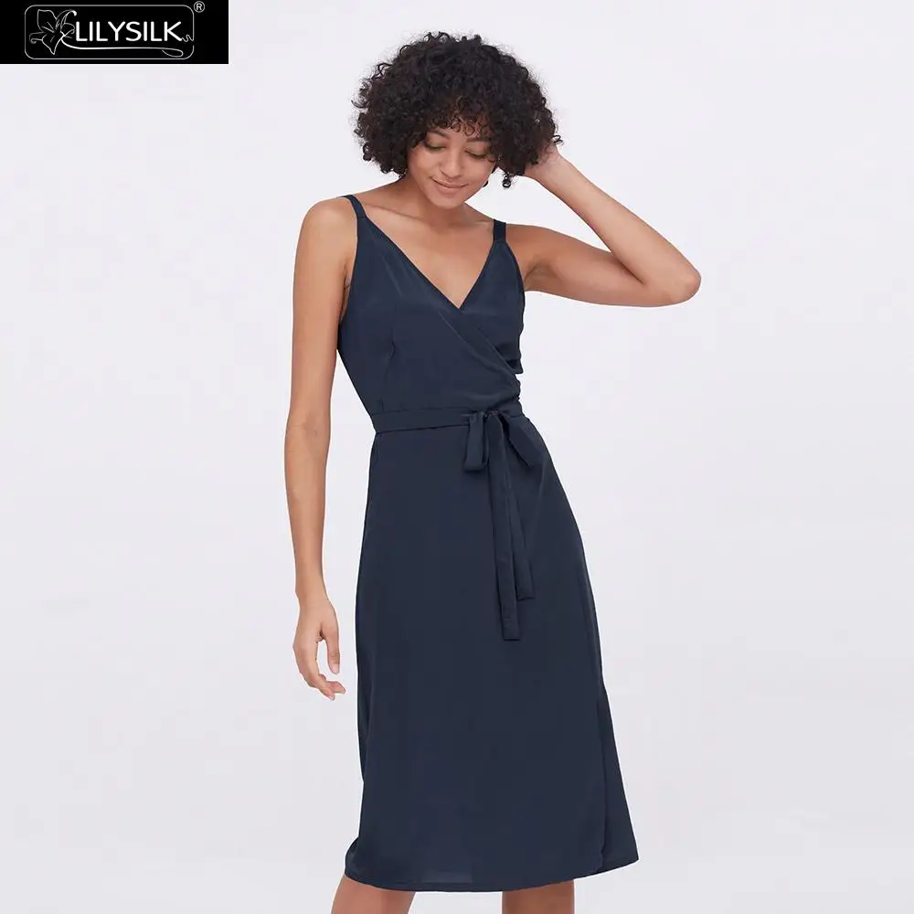 Navy Blue LilySilk на пояске шелковое детское платье сексуальный модный камзол Обёрточная бумага женские; Новинка; - Цвет: Navy Blue