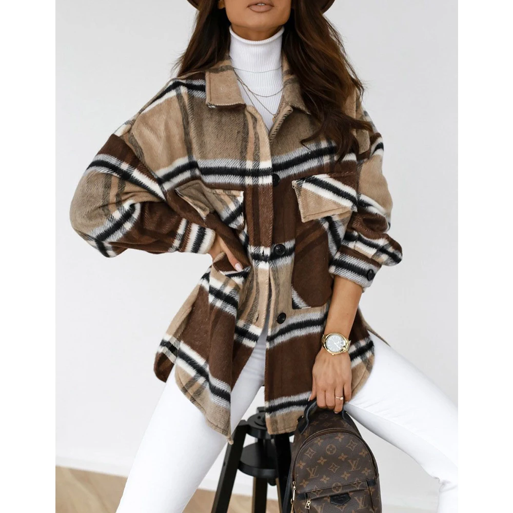 

Woolen Plaid Coat Women Long Sleeve Lapel Collar Woman Jacket Long Plaid Coat Streetwear Single Breasted Winter Spring XXL