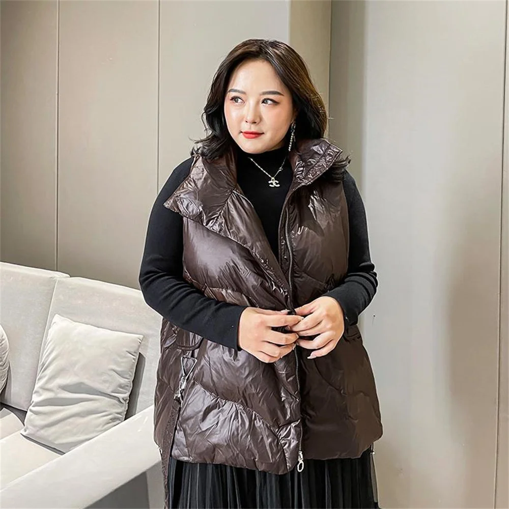 

2020 spring, autumn and winter 3xl 4xl 5xl plus size stand-up collar outer wear sleeveless top women black white brown coat vest