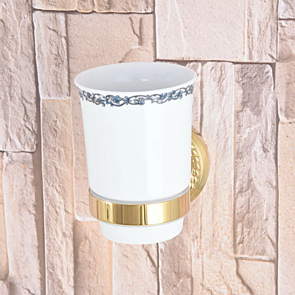 

Modern Polished Gold Brass Hotel Bathroom Wall Mount Single Ceramic Cup Toothbrush Holder 2ba590