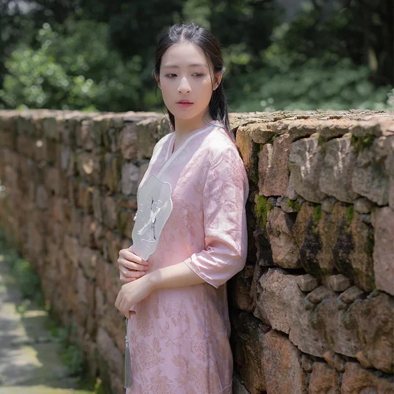 

Modern hanfu New Chinese traditional clothing Chinese improved cheongsam Literary retro pink dress Elegant woman Linen Zen dress
