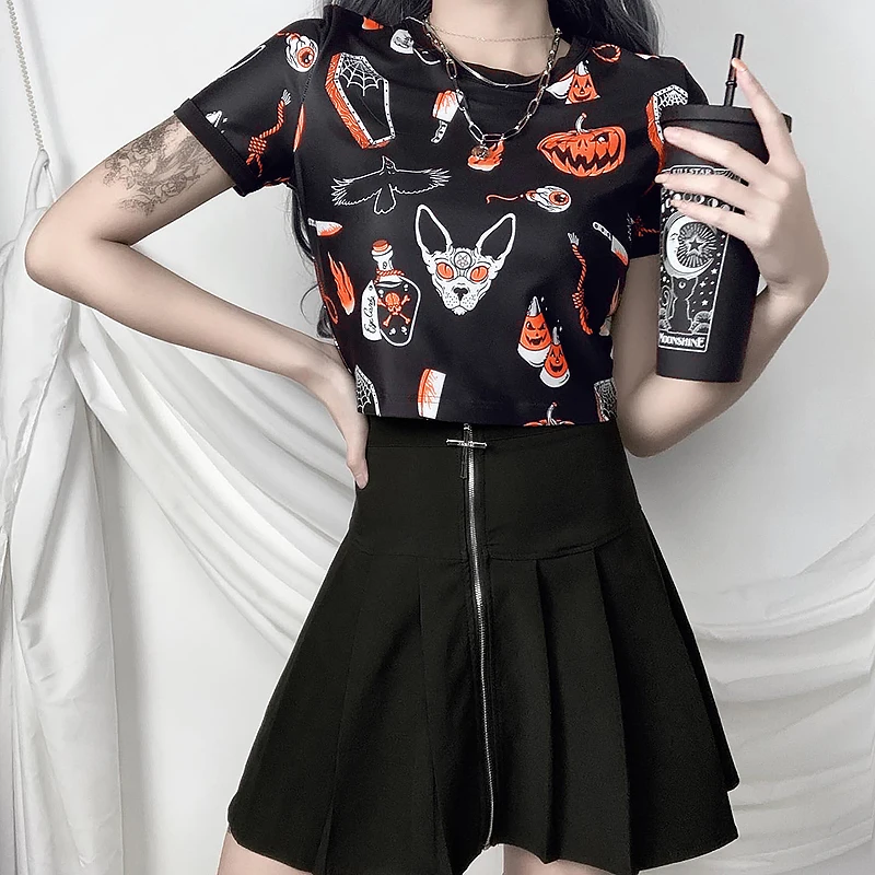 

Goth Dark T-Shirt Pumpkin Skull Print Women Short Sleeve Punk Crop Tops Bodycon Halloween Demon T-shirt Tees Streetwear Harajuku