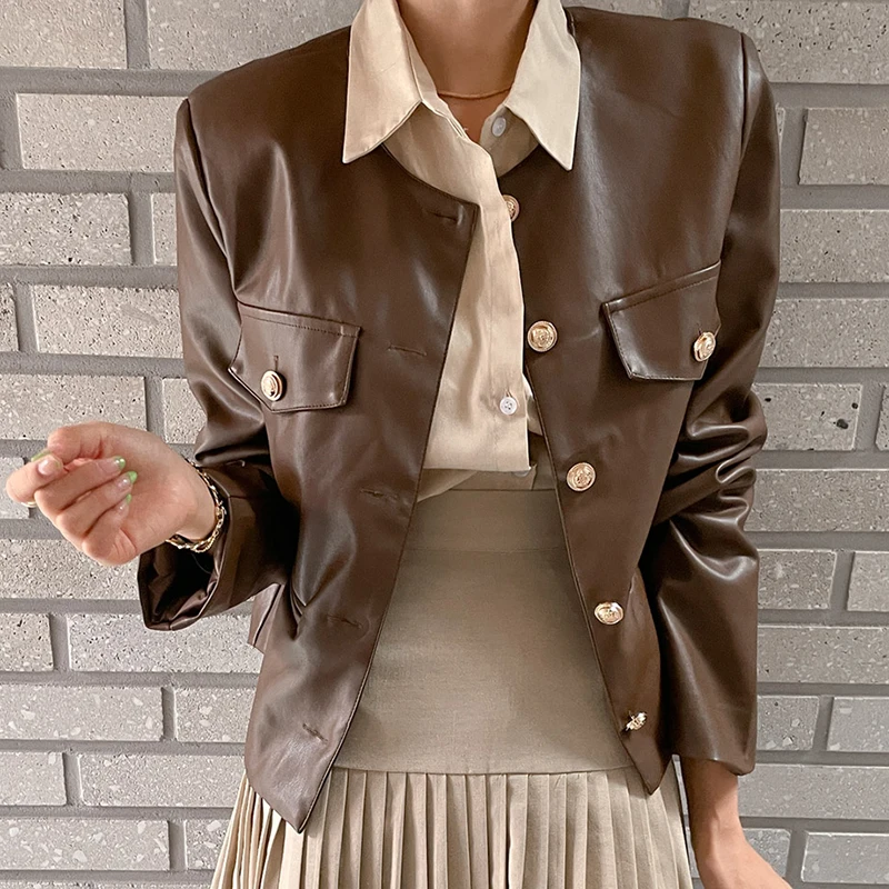 

Женская Осенняя куртка из ПУ кожи, с круглым вырезом и множеством карманов