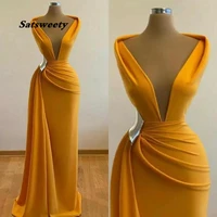 sexy cheap yellow mermaid prom dresses deep v neck satin evening dress cocktail party sweep train formal dress evening party