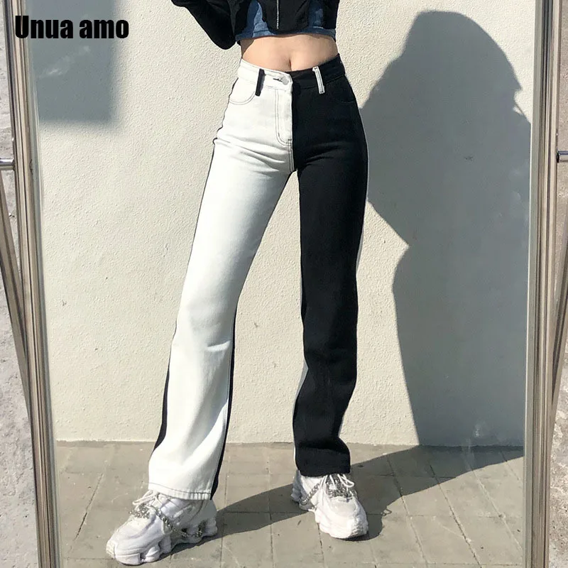 Unua amo Black White Contrast Color Patchwork Straight Jeans Woman Streetwear Baggy Trouser Female Casual Denim Pants