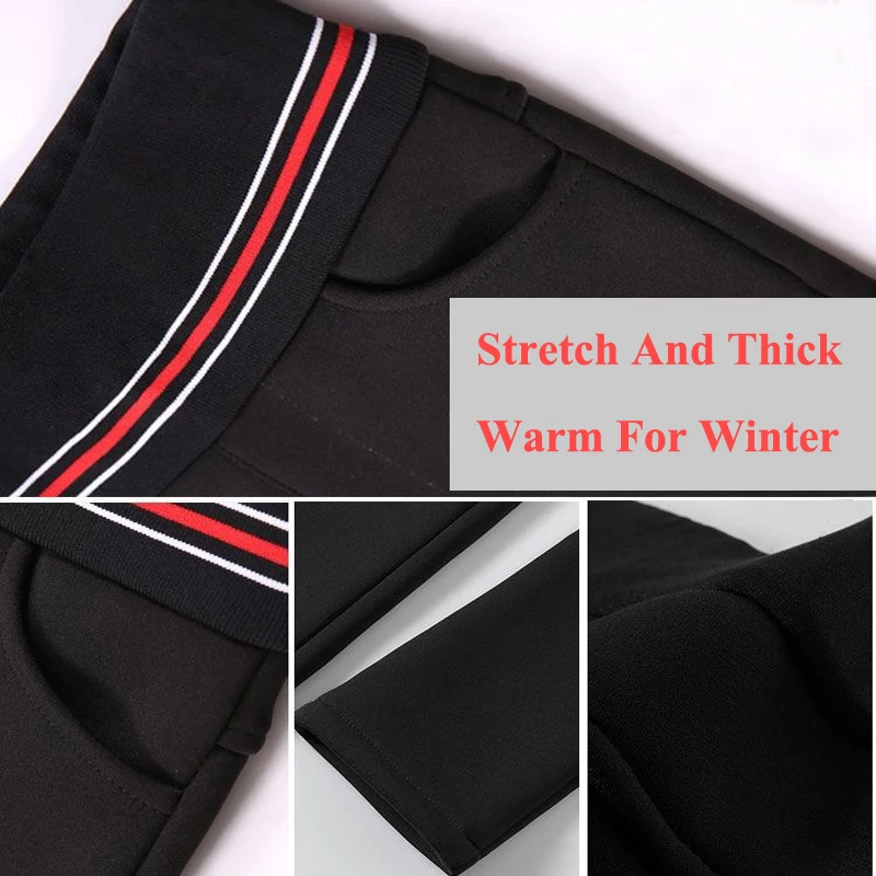

Women Black Pant Winter Thick Lambskin Cashmere Warm Female Elastic Pants Striped Hight Waist Long Trousers Plus Size M-6XL