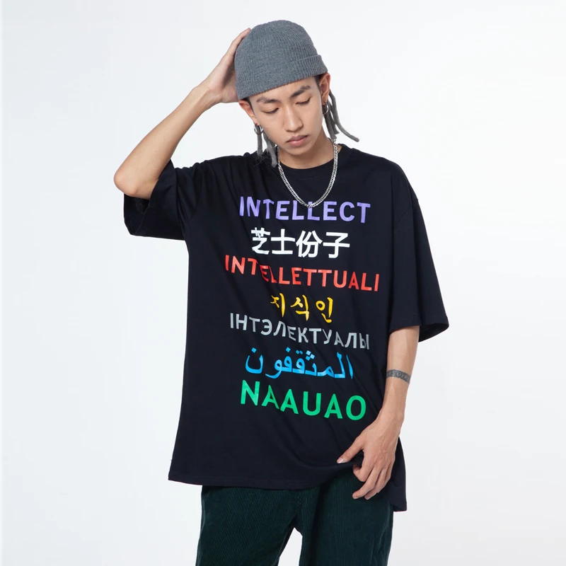 

ELKMU 2021 Summer T-shirts Hip Hop Streetwear Letter Graffiti Print Short Sleeve Tops Tees Cotton Black Tshirt Harajuku HM155