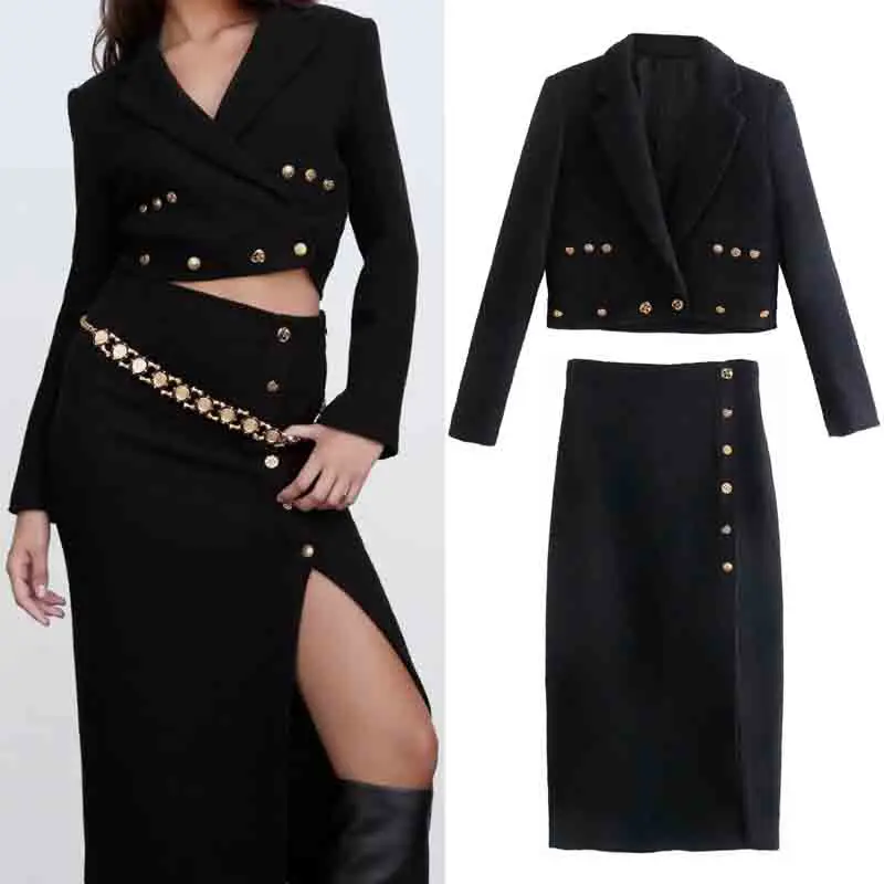 

2021 Women Midi Skirts Sets Elegant Buttons Decorated Office Ladies Outfit Suits Double Breasted Short Blazer
