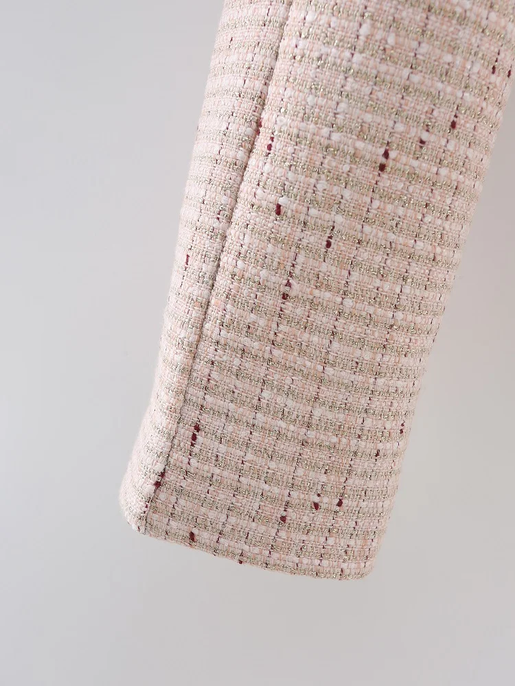 KEYANKETIAN 2021 spring and autumn new women's long-sleeved round neck pocket with pearl buckle woolen woven short suit jacket