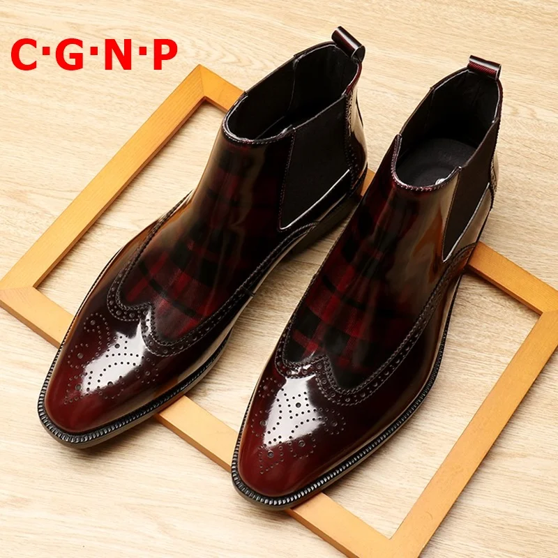 

C·G·N·P British Style Patent Leather Bright Chelsea Boots Men Brogue Carving Winter Boots Mens Handmade Ankle Boots