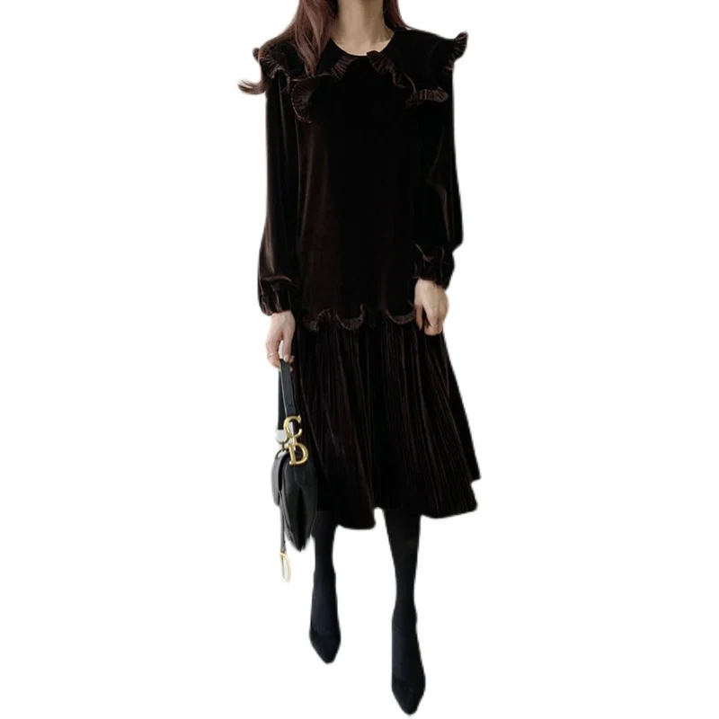 

Korean Chic Retro Slimming Long Sleeves Sweet Doll Collar Long Dress Mid-Length Bottoming Pleated Pleuche Dress