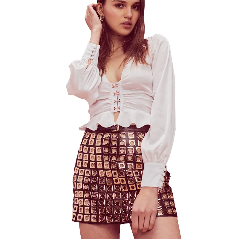 

Очаровательная сексуальная блуза с глубоким вырезом, с длинным рукавом, с оборками, тонкая, винтажная, кроп-топы, на пуговицах, женская рубаш...