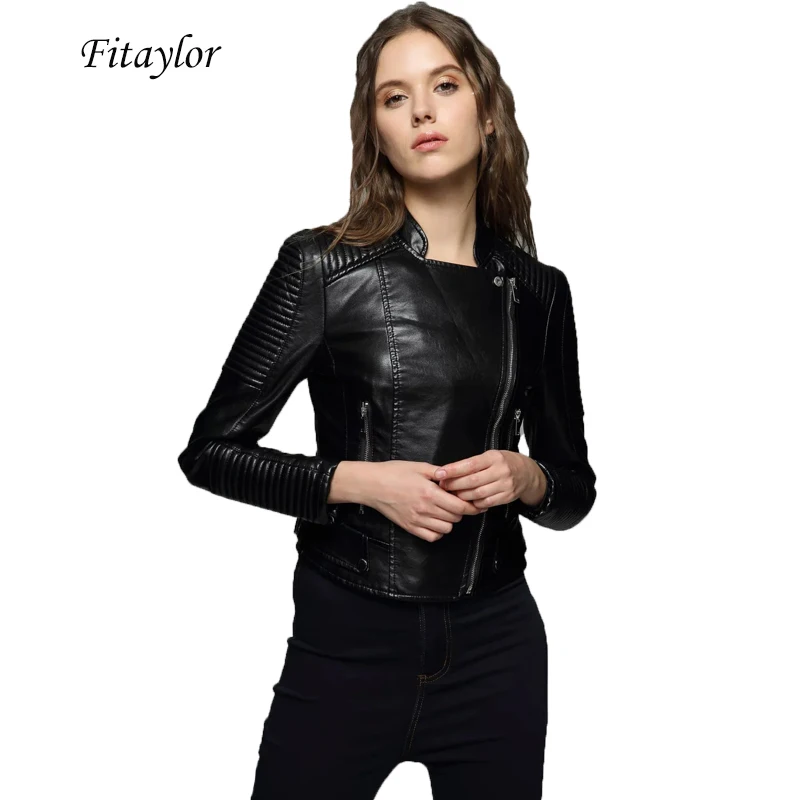 Куртка женская из искусственной кожи на молнии в байкерском стиле|black faux leather