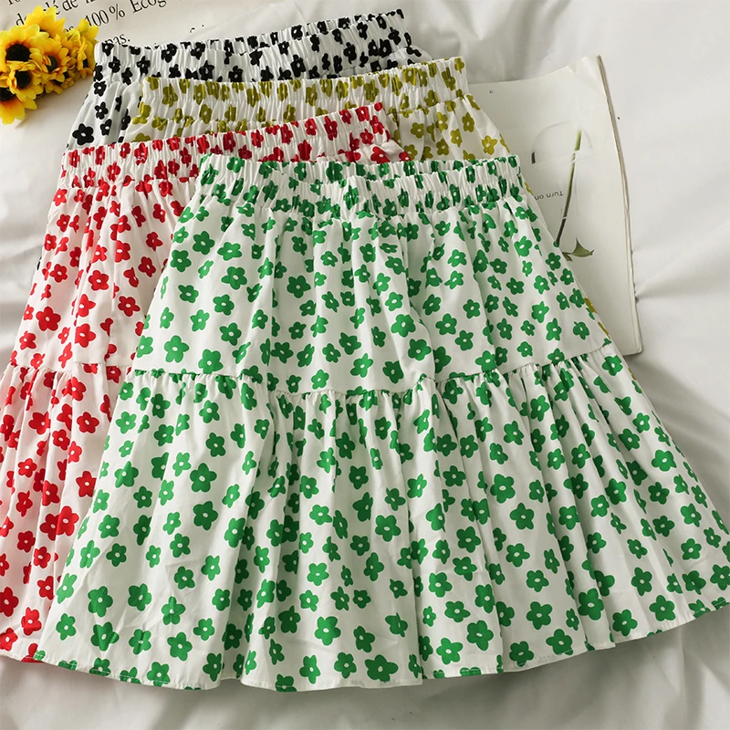 

Summer Women Mini Skirt Ladies Sweet Elastic Waist Thin A-line Skirt Female Casual Printed Flowers Blending Above Knee Skirt