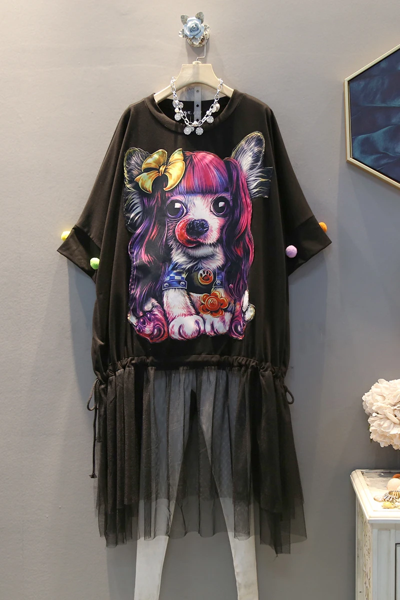 

2020 spring new Korean casual dog patch patch yarn hem loose large size fat mm mid-length dress