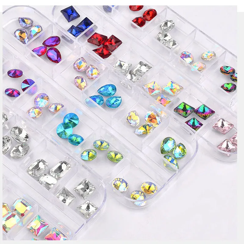 

12Grids Waterdrop Horse-eyes Oval Crystal AB Clear Charms Nail Stones Satellite Diamond Nail Decoration Shinny Nail Gems Stones