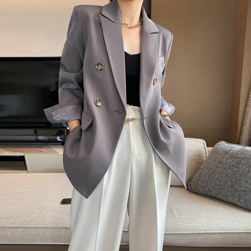 

Casual Gray Suit Jacket Ladies Spring Autumn Blazer Coats Vogue Women's Clothing Korean Double-breasted Blazers Suits D392