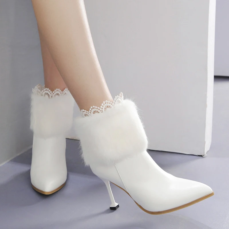 2019 г. Роскошные женские белые сапоги на шнуровке теплые зимние высоком каблуке 10