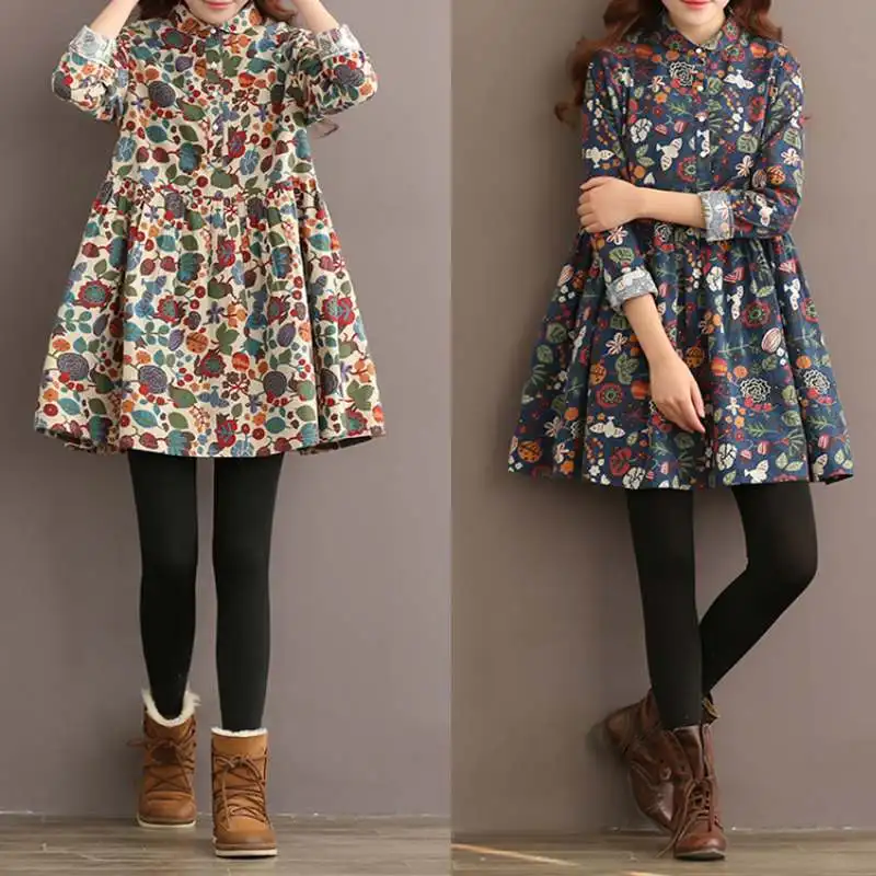 

Women Bohemian Floral Print Dress Celmia 2022 Vintage Mini Dresses 2022 Fashion Long Sleeve Pleated Shirt Vestidos Oversized