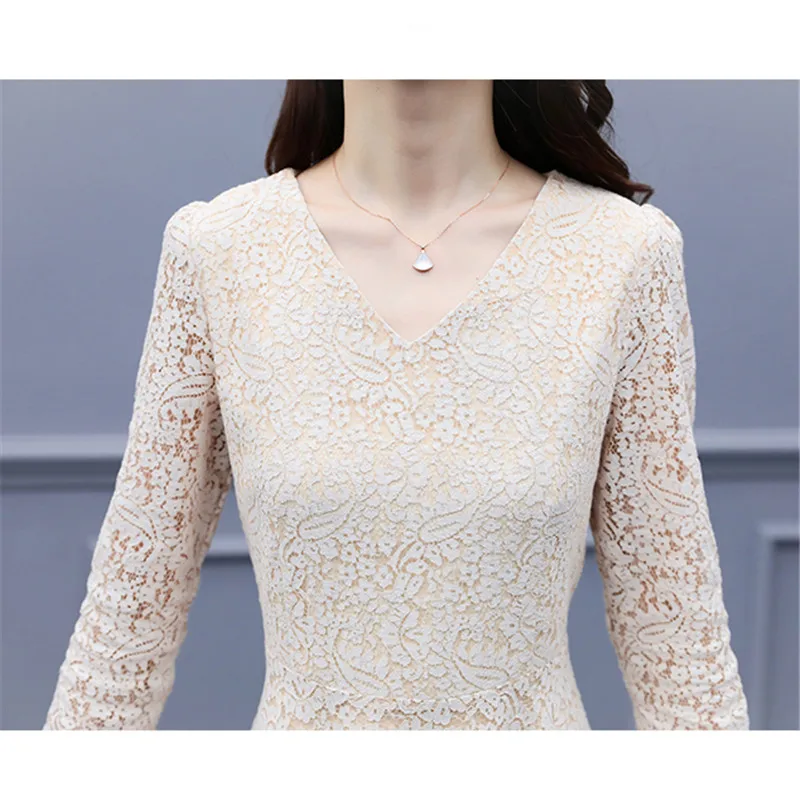 

Lace Dress Women Apricot M-5XL Plus Size 2020 Spring Autumn New Korean Fashion V Neck Slim Knee-length Dresses Feminina LJ060