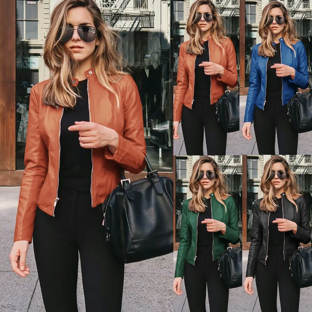 

High Quality 2020 Spring Autumn Brown PU Leather Loose Turn-down Collar Zipper Fashion New Women's Wild Jacket Short Cardigan