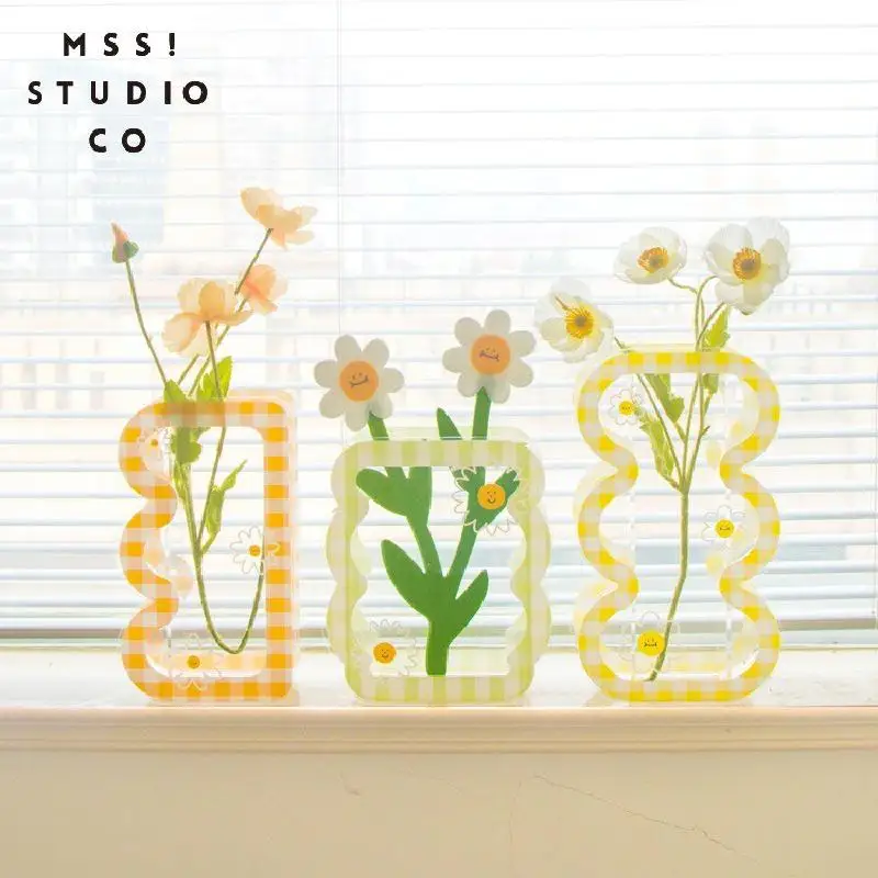 

Новый домашний интерьер клетчатая Маргаритка подсолнухи милые сушеные цветы Ins стиль акриловые украшения для дома ваза