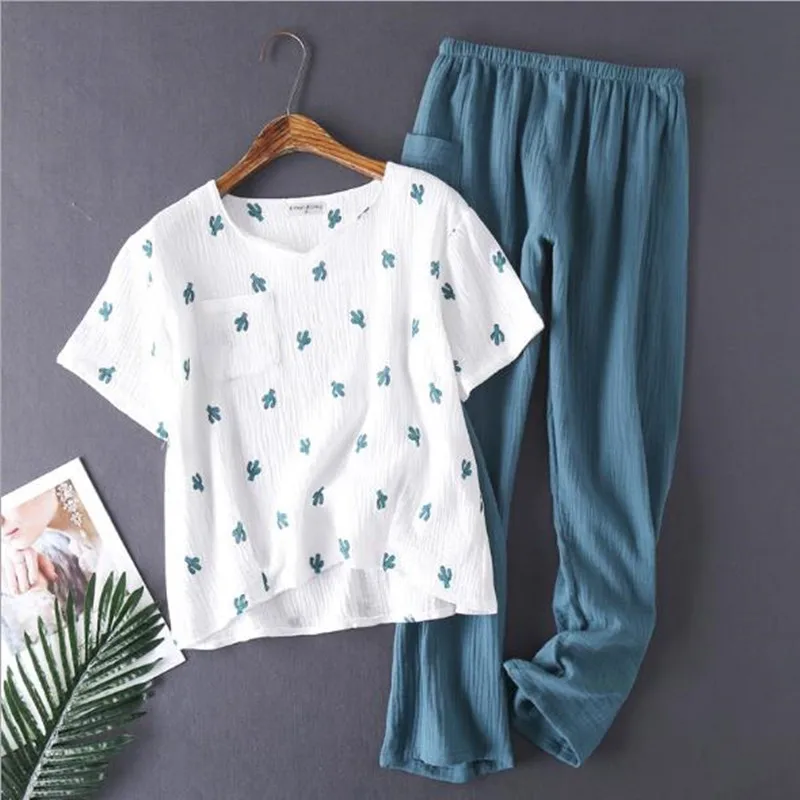 

Spring summer pure cotton pajamas for women short sleeve trousers two piece set casual loose pijama suit print female pyjamas