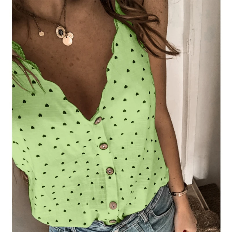 

Women 2020 Sexy Polka Dot Blouse Shirt Elegant V-Neck Sleeveless Button Tops Summer 2XL Fashion Ladies Chic Streetwear Top blusa