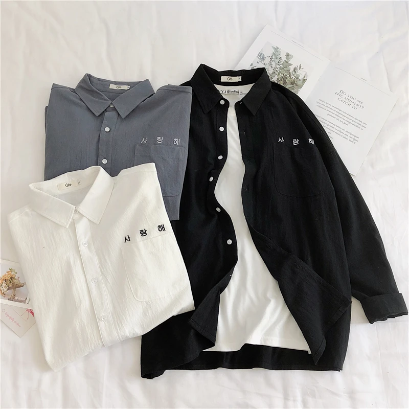 

Mens Korean Fashions Shirts Casual Long Sleeve Shirt Mens Harajuku Embroidery Cotton Shirts Hip Hop Streetwear Japanese Blouse