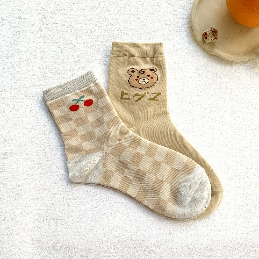 

Cotton Socks for Women Cartoon Kawaii Bear Cherry Sox Japanese Korean Style Fashion Birthday Socks Gift Casual Soft Beige Color